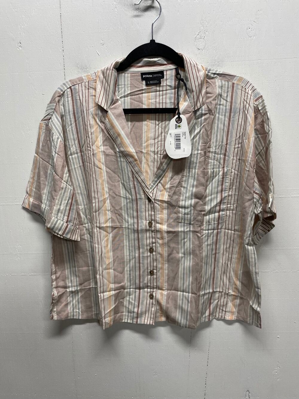 Prana Women's Iguala Top Button Up Cropped Blouse Size Large Short Sleeve NWT